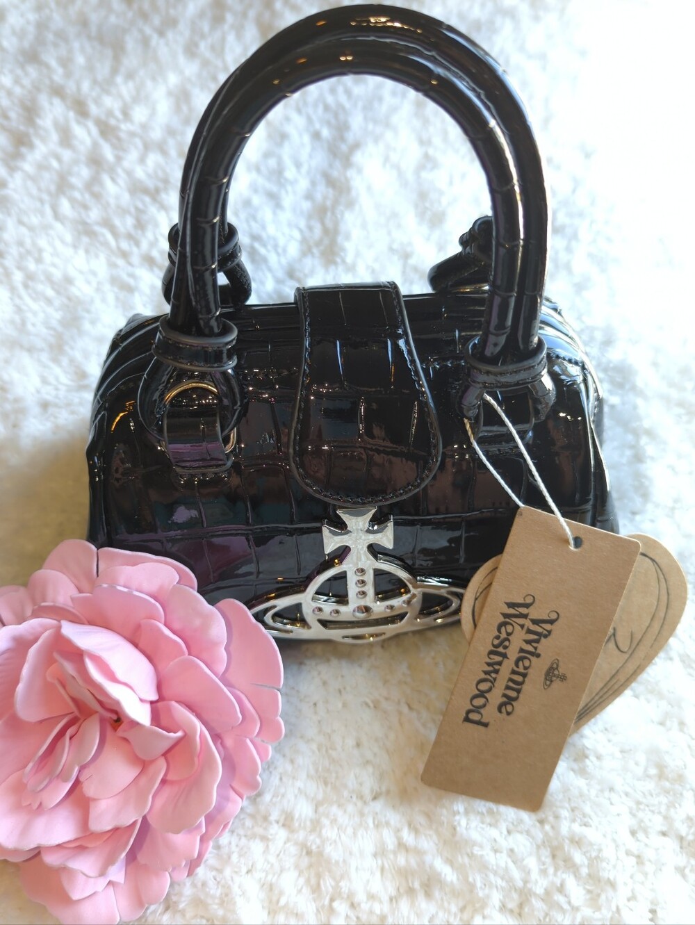 Vivienne Westwood Black Patent Vegan Leather Croc Embossed Mini Satchel Punk NWT